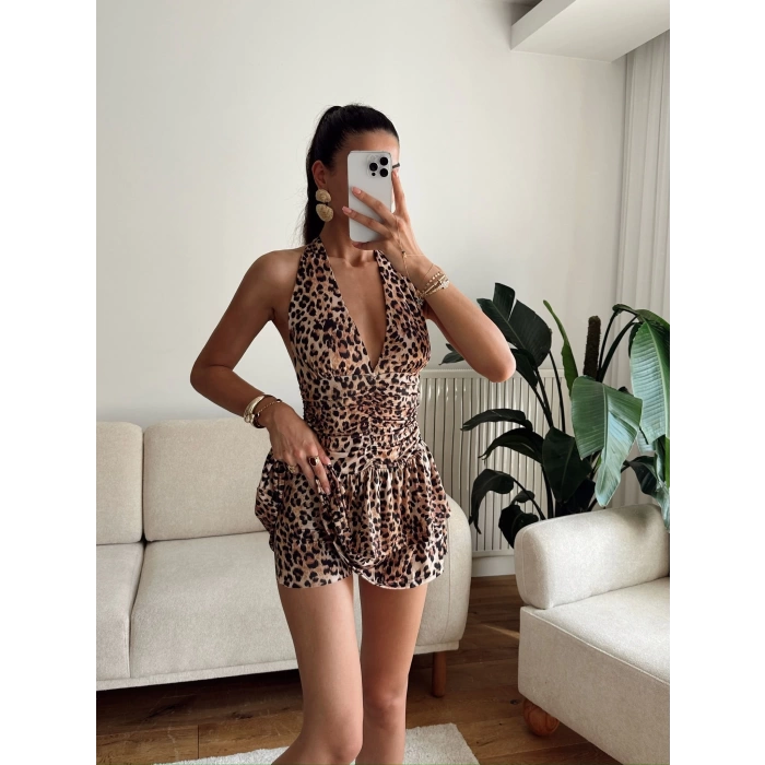 Boyun Bağlamalı Şortlu Elbise - LEOPAR