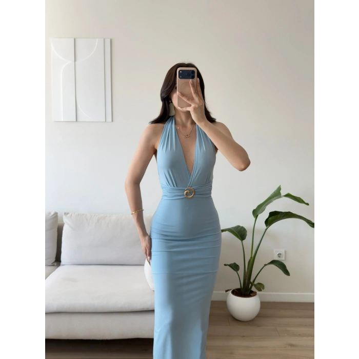 Boyun Bağlamalı Tokalı Uzun Elbise -  BEBE MAVİSİ