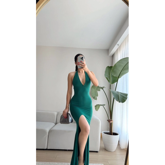 Boyun Bağlamalı Yırtmaç Detay Elbise-YEŞİL