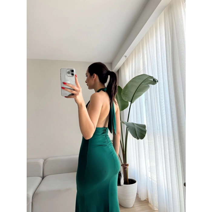 Boyun Bağlamalı Yırtmaç Detay Elbise-YEŞİL