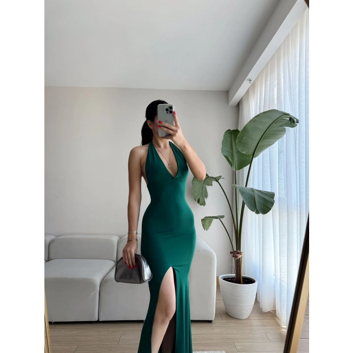 Boyun Bağlamalı Yırtmaç Detay Elbise-YEŞİL