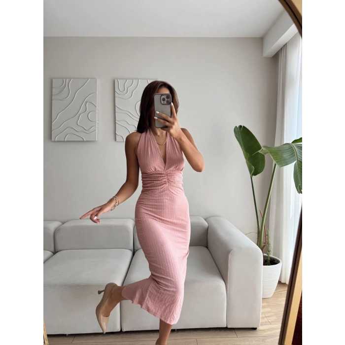 Boyun Bağlamalı Yırtmaçlı Elbise - PEMBE