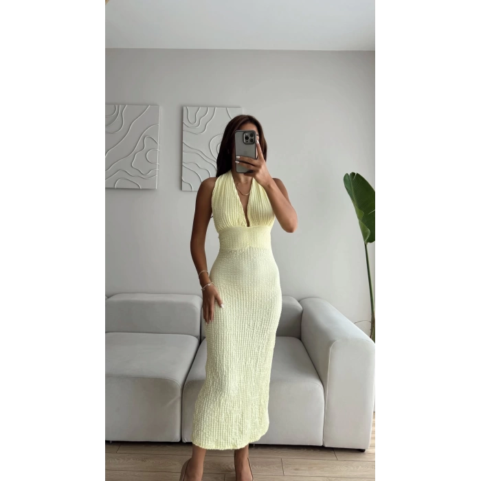 Boyun Bağlamalı Gofre Elbise - SARI