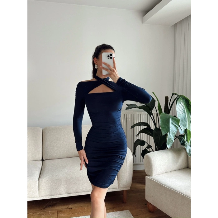Boyun Çapraz Yan Büzgü Elbise - LACİVERT