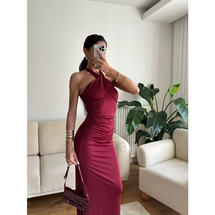 Boyun Çapraz Yırtmaçlı Elbise - BORDO