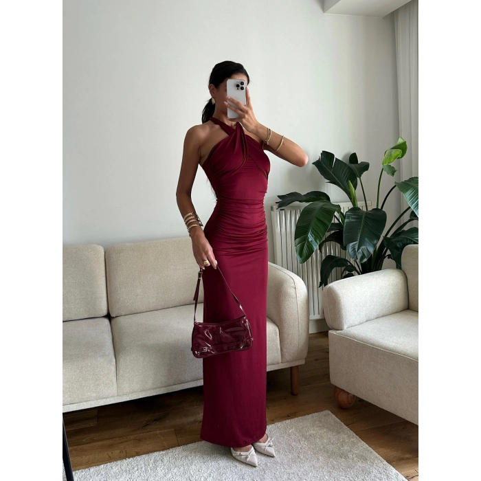 Boyun Çapraz Yırtmaçlı Elbise - BORDO