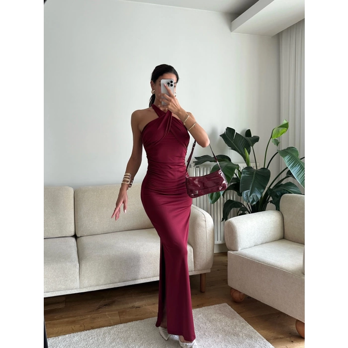 Boyun Çapraz Yırtmaçlı Elbise - BORDO