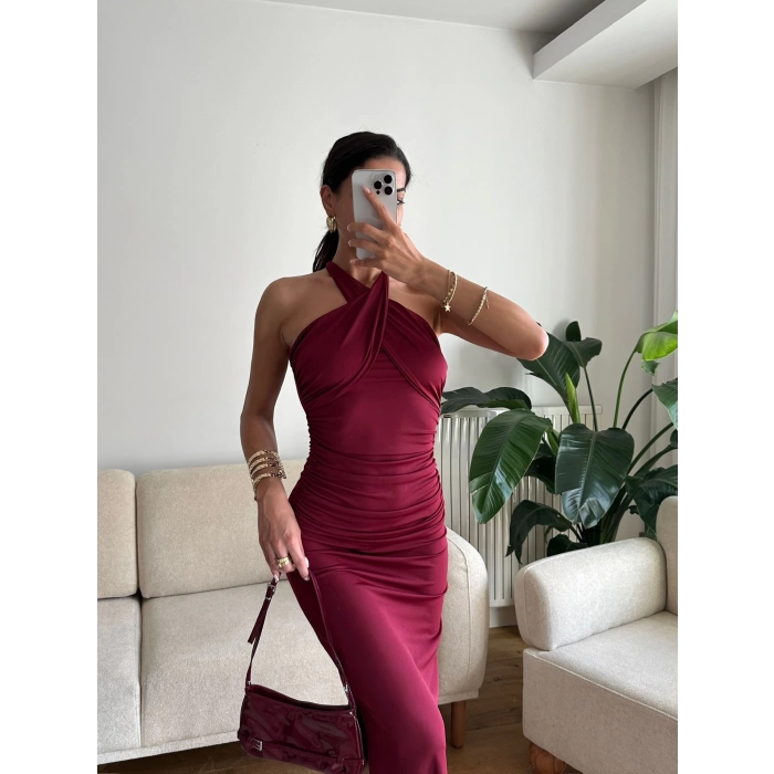 Boyun Çapraz Yırtmaçlı Elbise - BORDO