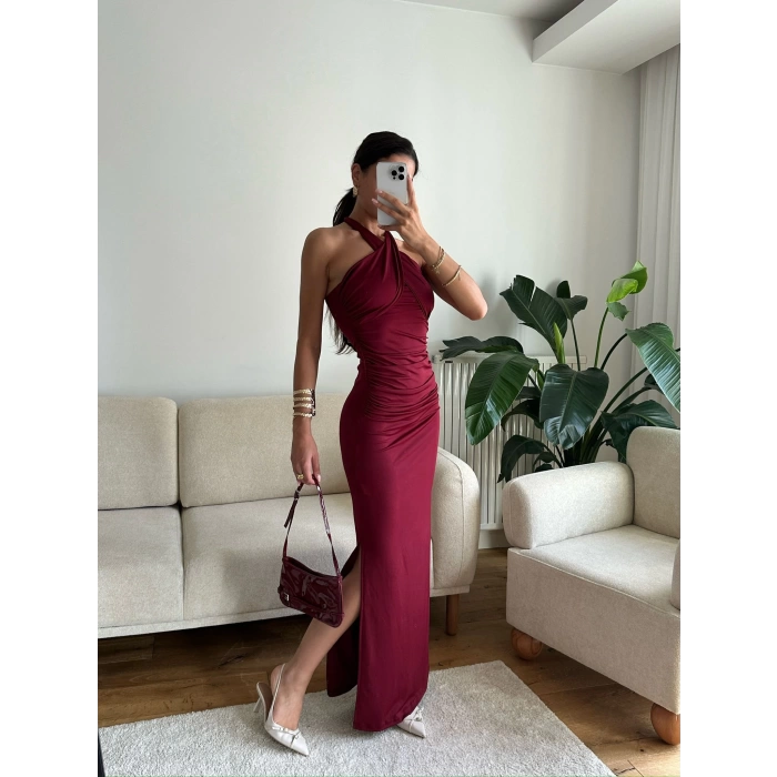 Boyun Çapraz Yırtmaçlı Elbise - BORDO