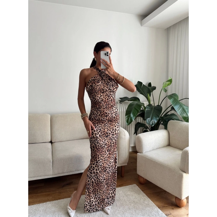 Boyun Çapraz Yırtmaçlı Elbise - LEOPAR