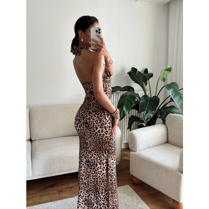 Boyun Çapraz Yırtmaçlı Elbise - LEOPAR