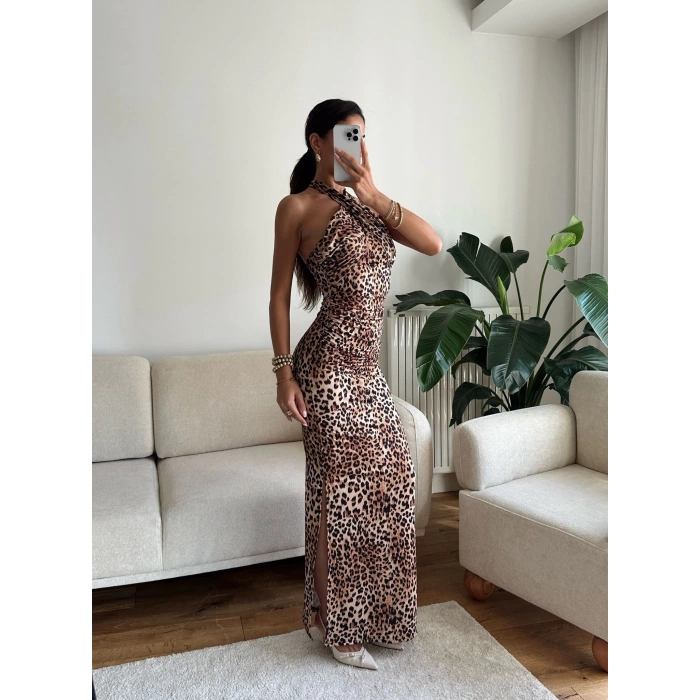 Boyun Çapraz Yırtmaçlı Elbise - LEOPAR