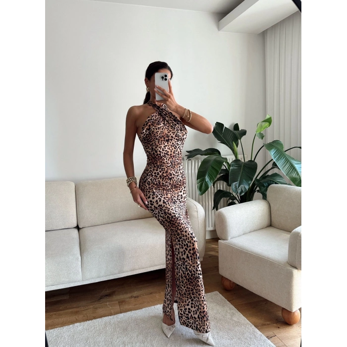 Boyun Çapraz Yırtmaçlı Elbise - LEOPAR
