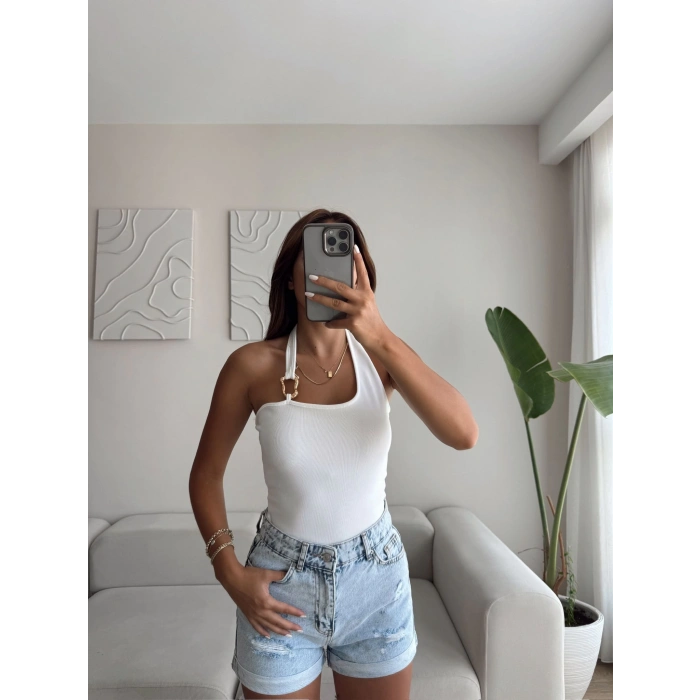 Boyun Geçmeli Aksesuar Crop - BEYAZ