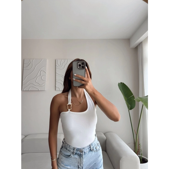 Boyun Geçmeli Aksesuar Crop - BEYAZ