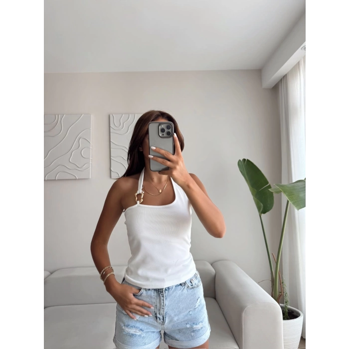 Boyun Geçmeli Aksesuar Crop - BEYAZ
