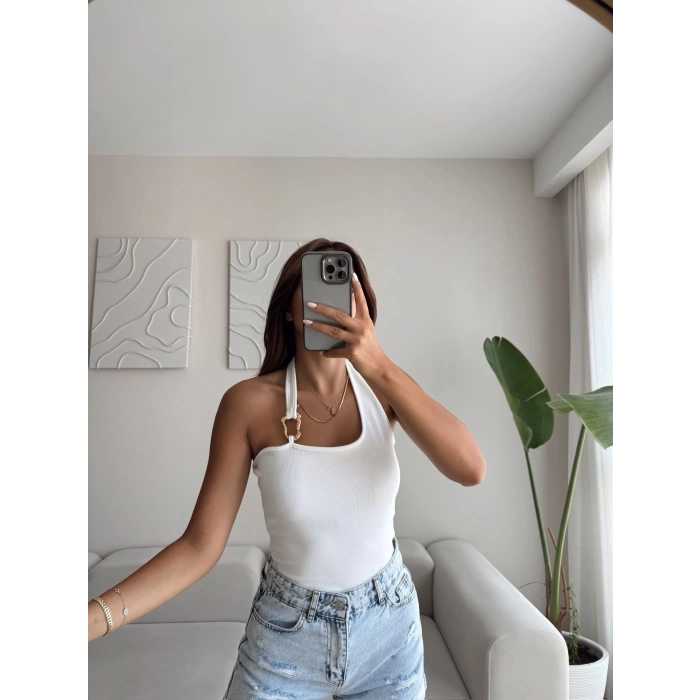 Boyun Geçmeli Aksesuar Crop - BEYAZ