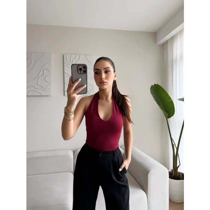 Boyun Geçmeli Bodysuit - BORDO