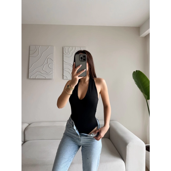 Boyun Geçmeli Bodysuit - SİYAH