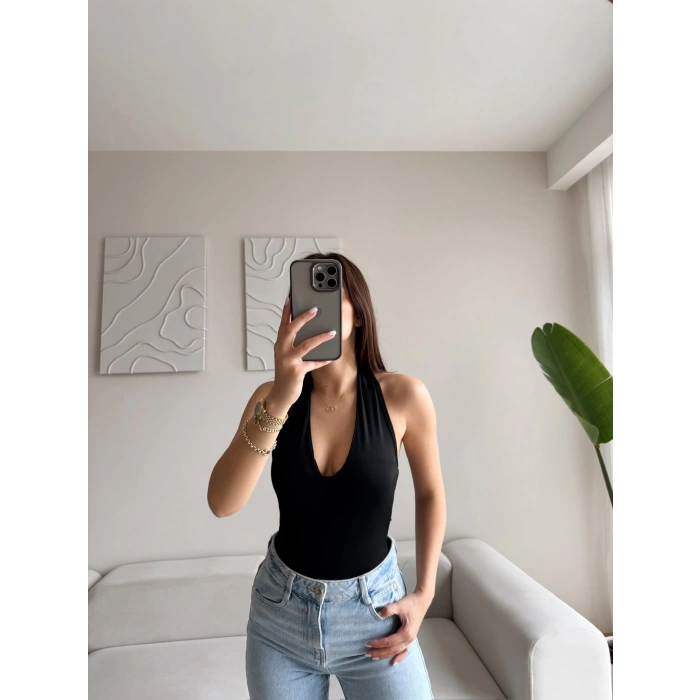 Boyun Geçmeli Bodysuit - SİYAH