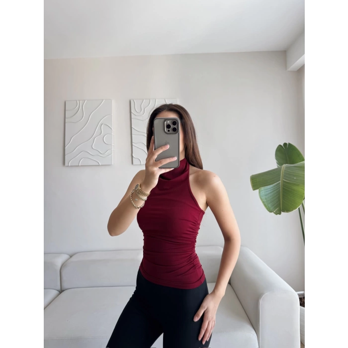 Boyun Geçmeli Büzgülü Crop - BORDO