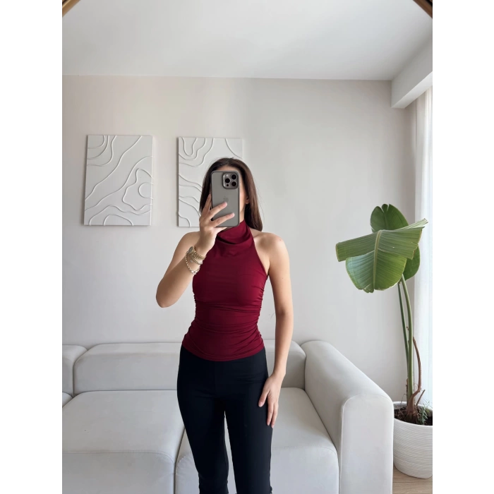 Boyun Geçmeli Büzgülü Crop - BORDO