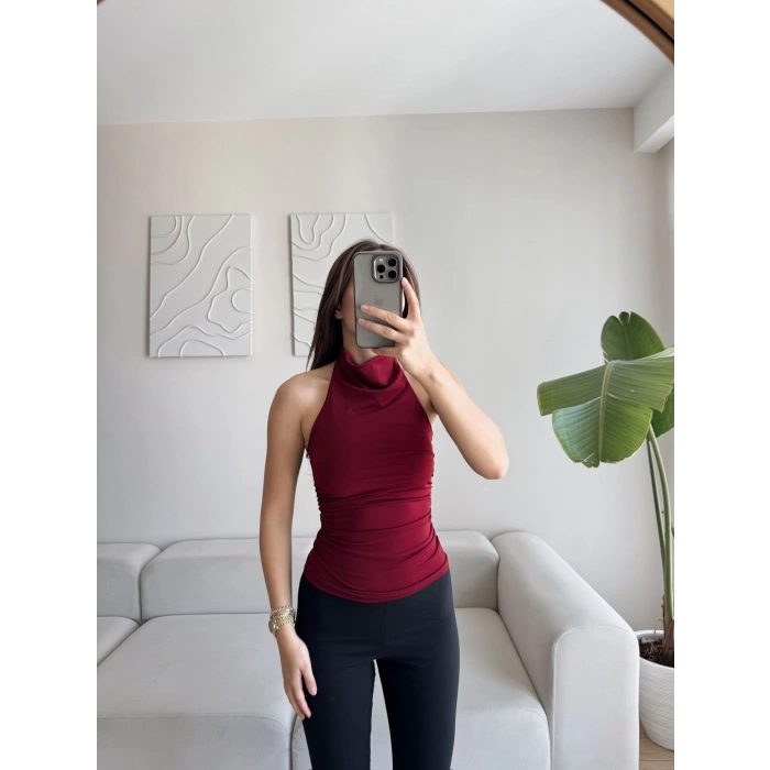Boyun Geçmeli Büzgülü Crop - BORDO
