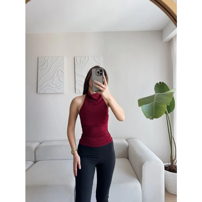 Boyun Geçmeli Büzgülü Crop - BORDO