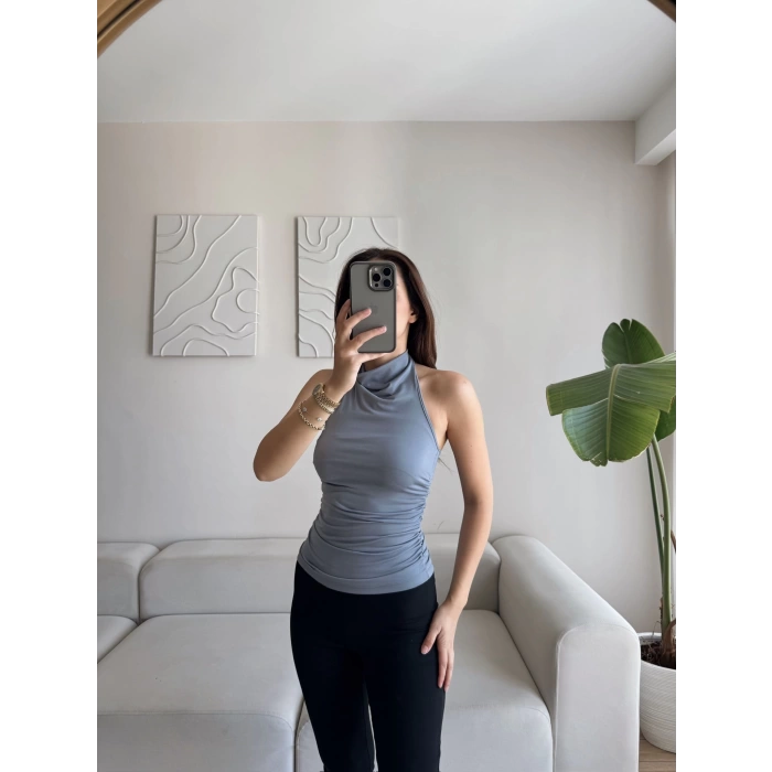 Boyun Geçmeli Büzgülü Crop - GRİ