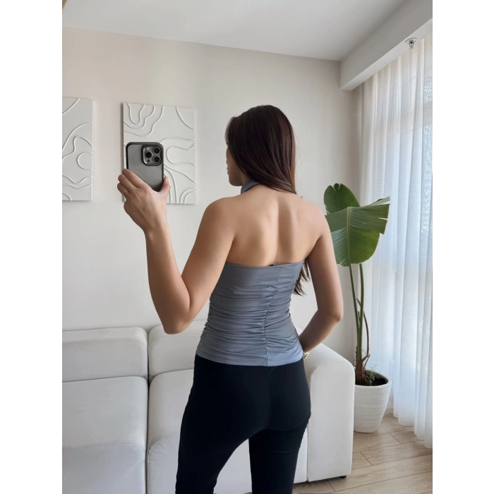 Boyun Geçmeli Büzgülü Crop - GRİ
