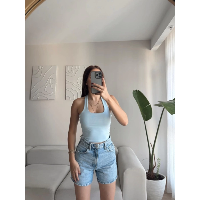 Boyun Geçmeli Crop - MAVİ