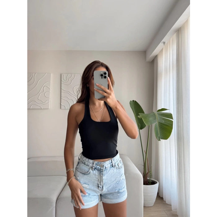 Boyun Geçmeli Crop - SİYAH