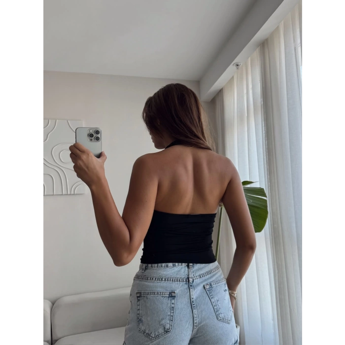 Boyun Geçmeli Crop - SİYAH