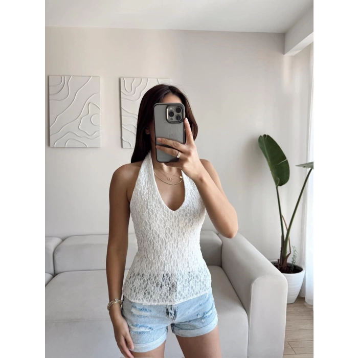 Boyun Geçmeli Dantel Crop - BEYAZ
