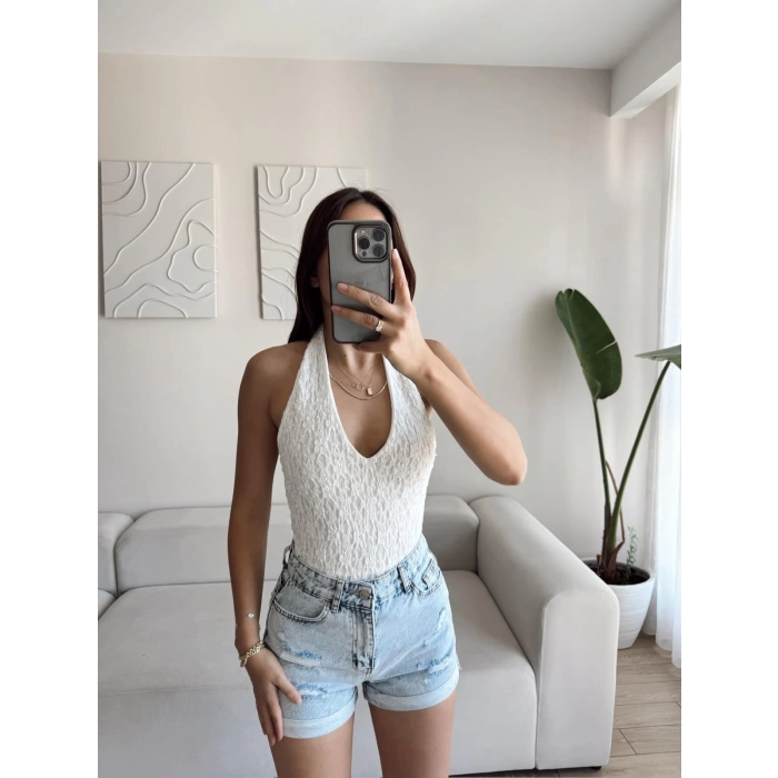 Boyun Geçmeli Dantel Crop - BEYAZ