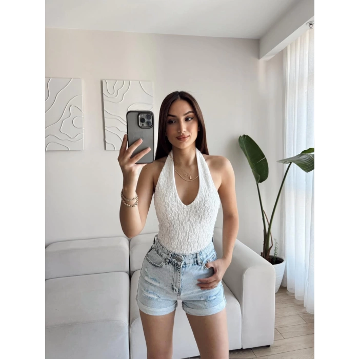 Boyun Geçmeli Dantel Crop - BEYAZ