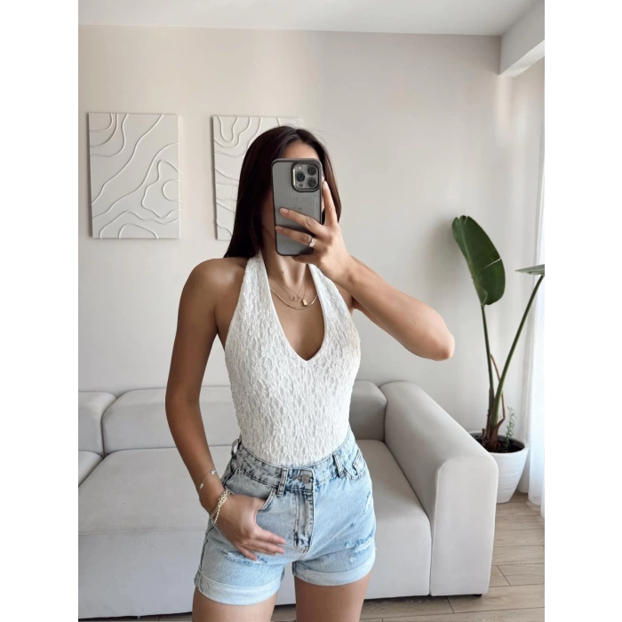 Boyun Geçmeli Dantel Crop - BEYAZ