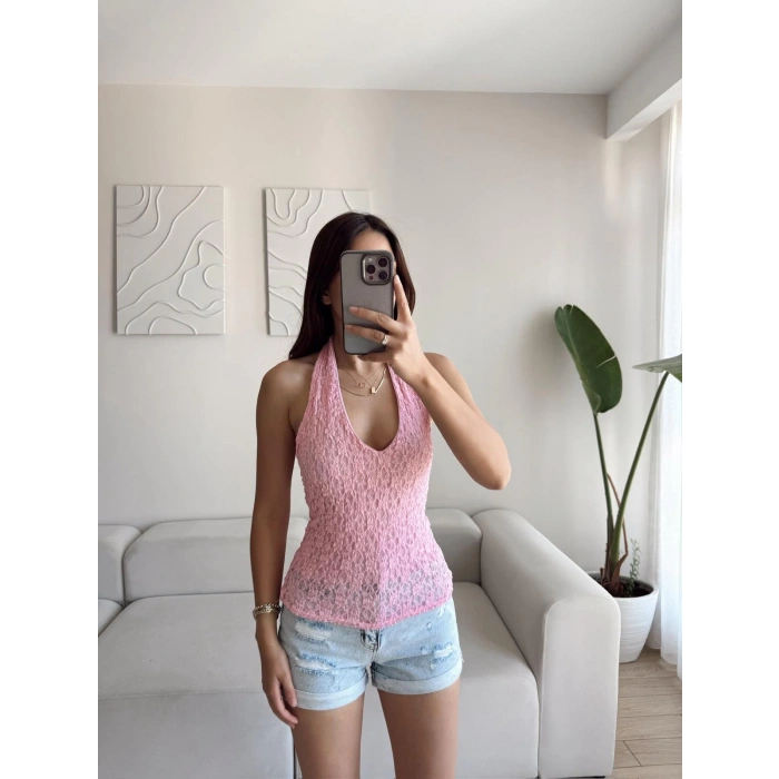 Boyun Geçmeli Dantel Crop - PEMBE