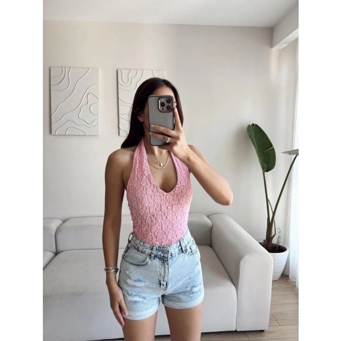 Boyun Geçmeli Dantel Crop - PEMBE