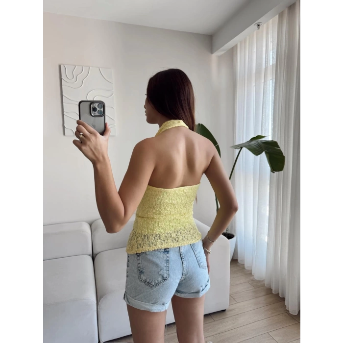 Boyun Geçmeli Dantel Crop - SARI