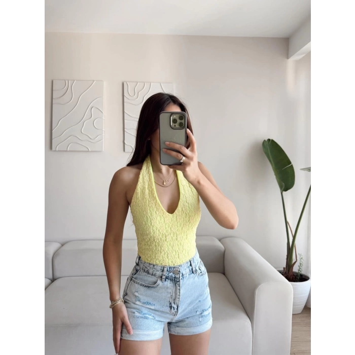 Boyun Geçmeli Dantel Crop - SARI