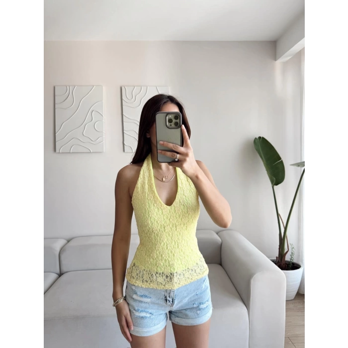 Boyun Geçmeli Dantel Crop - SARI