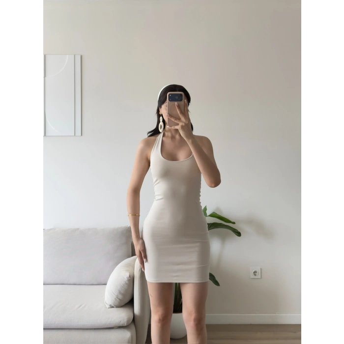 Boyun Geçmeli Mini Elbise - BEJ