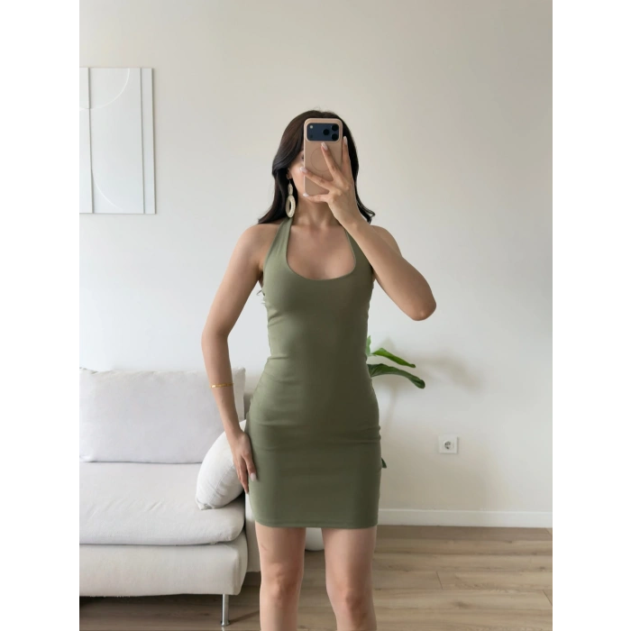 Boyun Geçmeli Mini Elbise - HAKİ