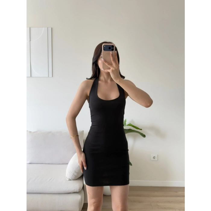 Boyun Geçmeli Mini Elbise - SİYAH