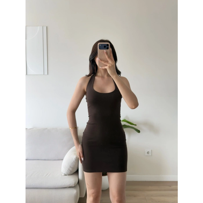 Boyun Geçmeli Mini Elbise - KAHVE