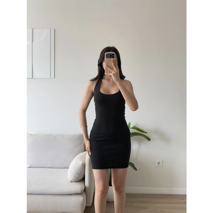 Boyun Geçmeli Mini Elbise - SİYAH