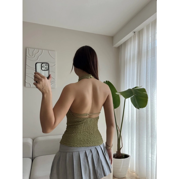 Boyun Geçmeli Sırt Dekolte Crop - YEŞİL