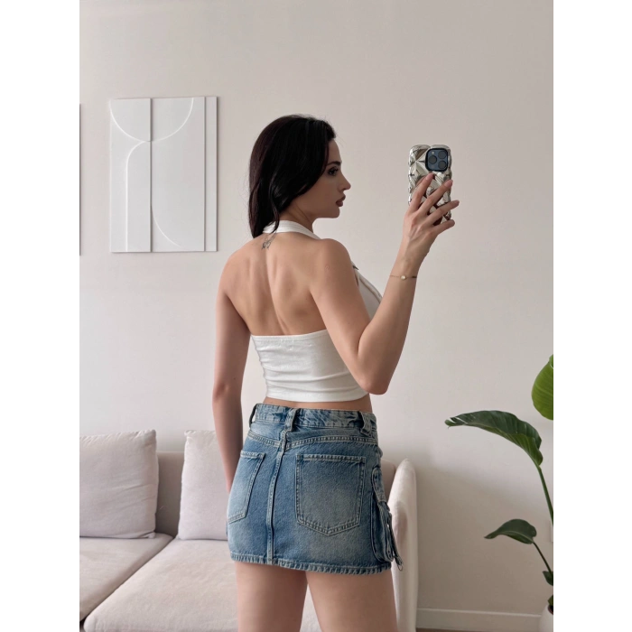 Boyun Kemerli Crop - BEYAZ