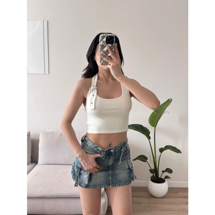 Boyun Kemerli Crop - BEYAZ